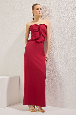 TRENDYOLMILLA Bordo Straplez Puskul Detayl? Dokuma Uzun S?k Abiye & Mezuniyet Elbise TPRSS25AE00140  фото 2