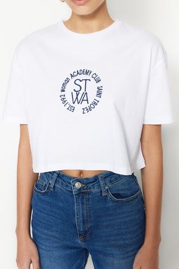 TRENDYOLMILLA Lacivert %100 Pamuk Nak?sl? Relaxed/Rahat Kal?p Crop Bisiklet Yaka Orme T-Shirt TWOSS23TS00229  фото 8