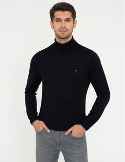 Lacivert Slim Fit Bal_k__ Yaka Basic Triko Kazak
