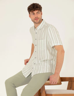 A__k Ye_il Keten Kar___ml_ Comfort Fit K_sa Kollu G_mlek
