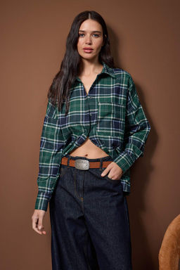 Mavi-Cok Renkli Flanel Ekoseli Oversize/Genis Kal?p Gomlek TWOAW26GO00132 - Trendyolmilla фото 2