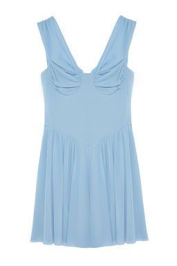 Ac?k Mavi A-Kesim Carmen Yaka Dokuma K?sa Elbise TPRSS24EL00184