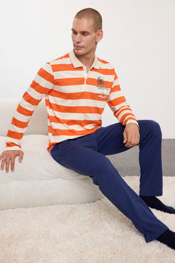 Turuncu- Ekru Cizgili Polo Yaka Regular Fit Orme %100 Pamuklu Pijama Tak?m? TMNAW25PT00019
