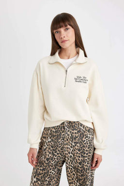 Толстая толстая толстовка с высоким воротником и высоким воротником обычного кроя с принтом и полумолнией - Defacto фото 3