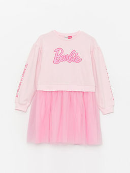 Bisiklet Yaka Barbie Bask?l? Uzun Kollu K?z ?ocuk Elbise