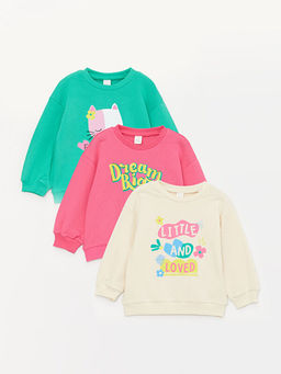 Bisiklet Yaka Bask?l? K?z Bebek Sweatshirt 3l?