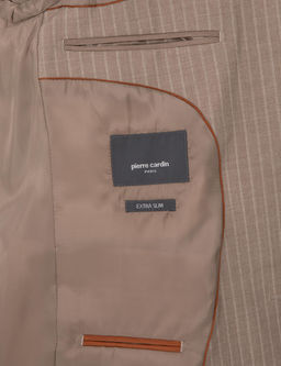 Bej Extra Slim Fit Y_n Kar___ml_ _izgili Tak_m Elbise