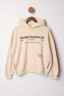 Tas Kal?n Ici Polarl? Kapusonlu Slogan Bask?l? Boxy Fit Orme Sweatshirt TWOAW26SW00217