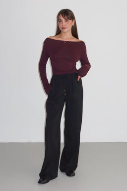 Siyah Bordo Cizgili Beli Lastikli Wideleg/Genis Paca Dokuma Pantolon TWOAW26PL00174 - Trendyolmilla фото 2