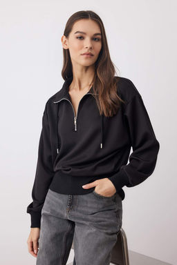 Siyah Fermuar Detayl? Oversize/Genis Kal?p Esnek Orme Sweatshirt TWOAW26SW00080 - Trendyolmilla фото 2