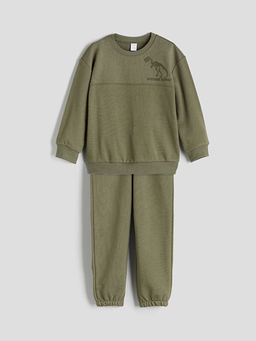 Bisiklet Yaka Dinozor Bask?l? Erkek ?ocuk Sweatshirt ve E?ofman Alt? 2li Tak?m