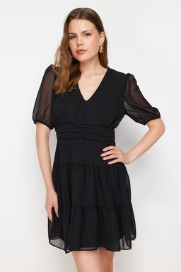 Siyah Belden Ac?lan Volanl? Sifon Astarl? Mini Dokuma Elbise TWOSS24EL00634