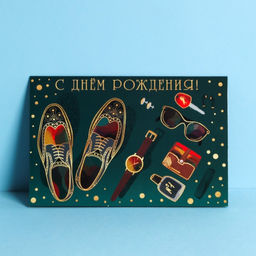 Цена за 10 шт. Открытка средняя С Днем Рождения, мужские атрибуты, 12 18 см