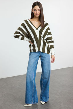 Siyah Derin V Yaka Cizgili Triko Kazak TWOAW25KZ00390 - Trendyolmilla фото 7