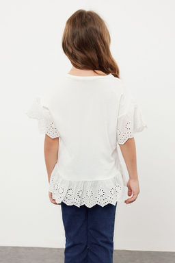 Ekru K?z Cocuk %100 Pamuk Brode Detayl? K?sa Kol Orme T-Shirt/Bluz TKDSS24TS00008 - Trendyolmilla фото 5