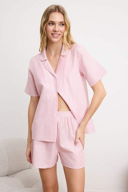 Trendyolmilla Mavi 3lu Paket Pamuklu Cizgili Ip Ask?l? Poplin Bra-Gomlek-Sort Dokuma Pijama Tak?m? THMSS24PT00121 фото 10