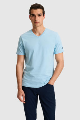 Erkek Regular Fit V Yaka Mavi Basic Ti__rt