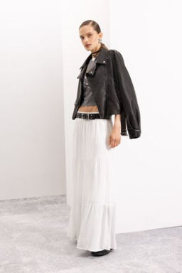 A Kesim Yuksek Bel Pamuk Astarl? Krink?l Viskon Kilos Maxi Beyaz Etek