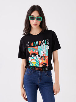 Bisiklet Yaka Y?lba?? Temal? Bugs Bunny Bask?l? K?sa Kollu Kad?n Ti??rt - Waikiki фото 2