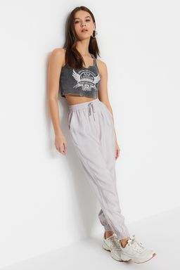 Gri Jogger Beli Lastikli Cepli Dokuma Pantolon TWOSS20PL0129