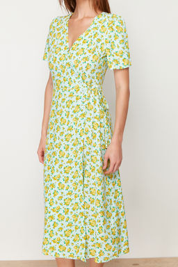 Cok Renkli Cicekli Kruvaze Midi Dokuma Elbise TWOSS24EL00492