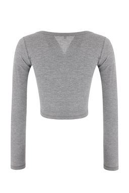 Gri Melanj Fitted/Vucuda Oturan V Yaka C?tc?tl? Crop Yumusak Orme Bluz TWOSS26BZ00056