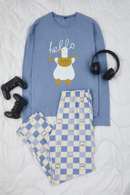 Mavi Uzun Kollu Pamuklu Ekose Desenli Ordek Bask?l? Pijama Tak?m? TMNAW26PT00044