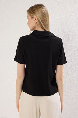 TRENDYOLMILLA Siyah Polo Yaka Dugmeli Regular/Standart Kal?p Burumcuk Orme Bluz TWOSS25GO00105 фото 8