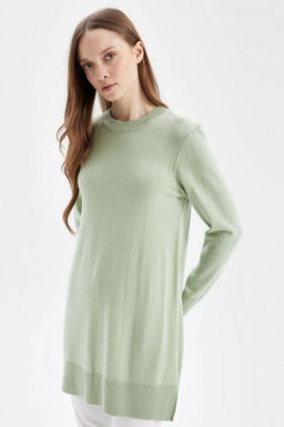 Regular Fit Bisiklet Yaka Y?rtmacl? Basic Duz Triko Kazak Tunik