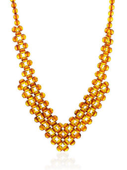 Плетёное колье из натурального коньячного янтаря Карамель коньячная. Алмазная грань