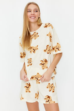 Ekru %100 Pamuklu Ay?c?kl? Sortlu Orme Pijama Tak?m? THMSS24PT00000