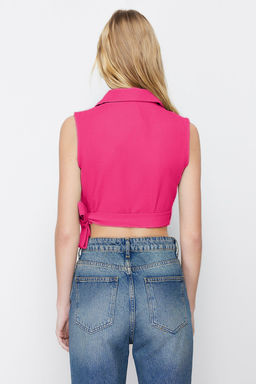 Pembe Baglamal? Keten Gorunumlu Crop Dokuma Bluz TWOSS23BZ00550