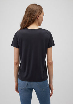 V Yaka Siyah Tisort - Mavi фото 4
