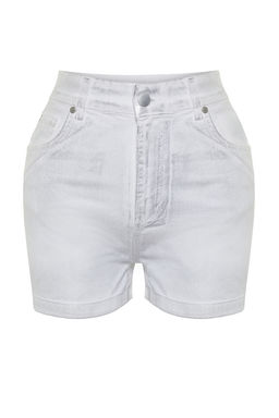 Beyaz Parlak Metalik Bask?l? Denim Sort TWOSS24SR00029 - Trendyolmilla фото 7
