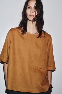 ZW COLLECTION LINEN SHORT SLEEVE TOP - Zara фото 5