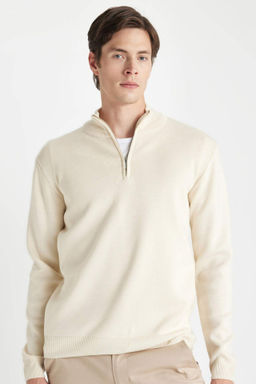 Gri Standart Fit Normal Kesim Dik Yaka Fermuarl? Basic Duz Triko Kazak - Defacto фото 5