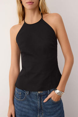 Siyah Pamuklu Ince Gabardin Halter Yaka Dokuma Bluz TWOSS25BZ00536