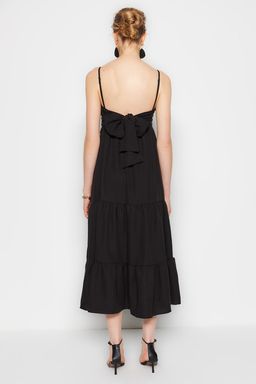 Siyah Etegi Volanl? S?rt Baglama Detayl? Ask?l? Maxi Dokuma Elbise TWOSS23EL00027