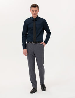 Lacivert %100 Pamuk Parlak Saten Slim Fit Uzun Kollu Basic G_mlek