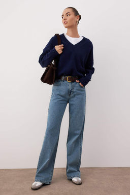 Mavi Kemerli Yuksek Bel Wide Leg Jeans TWOAW26JE00274 - Trendyolmilla фото 2