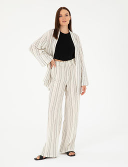 Ekru Dokulu Y_ksek Bel Loose Fit Pantolon