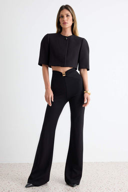 Siyah D_z Aksesuar Detayl_ Flare/_spanyol Pa_a Ottoman _rme Pantolon TWOAW27PL00054