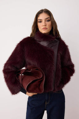 Bordo Oversize Kal?p Kurk Biker Ceket Mont TWOAW26MO00058 - Trendyolmilla фото 3