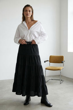 Siyah Pamuklu Dokulu Kumas Maxi Boy Bohem Dokuma Etek TWOSS25ET00029