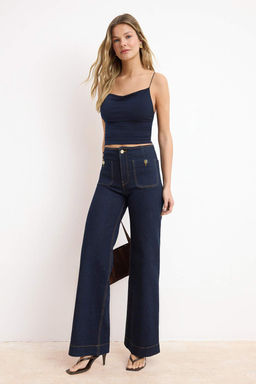 Lacivert Fitted/Vucuda Oturan Degaje Yaka Esnek Orme Bluz TWOSS21BZ0667