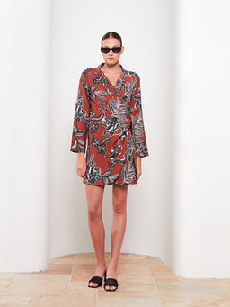 Kruvaze Yaka Desenli Uzun Kollu Elbise