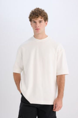 Loose Fit Bisiklet Yaka K?sa Kollu Ag?r Kumas Tisort