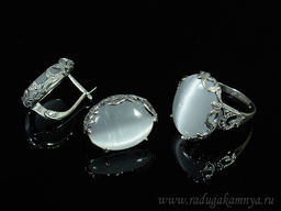 Кольцо Серьги с кошачьим глазом, цв.белый размер 21