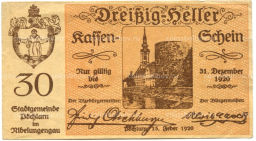 Банкнота 30 геллеров 1920 года Австрия  Пёхларн (нотгельд)