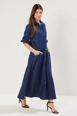 Trendyolmilla Koyu Mavi Etegi Volanl? Maxi Denim Gomlek Elbise TWOSS25EL00351